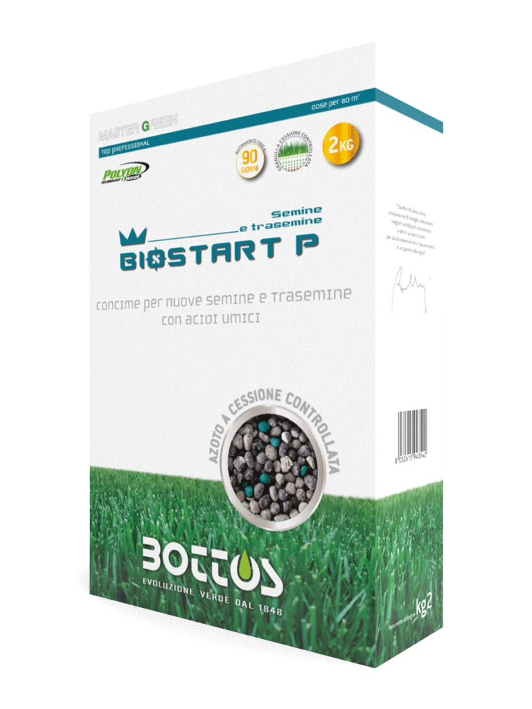 Biostart P, concime starter pensato per favorire l’insediamento e la crescita iniziale del tappeto erboso.