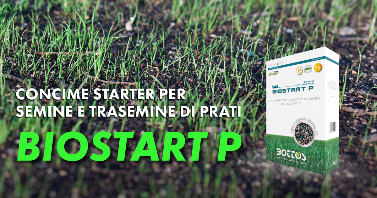 Biostart P, concime starter indicato per favorire l’attecchimento e la crescita iniziale del prato.