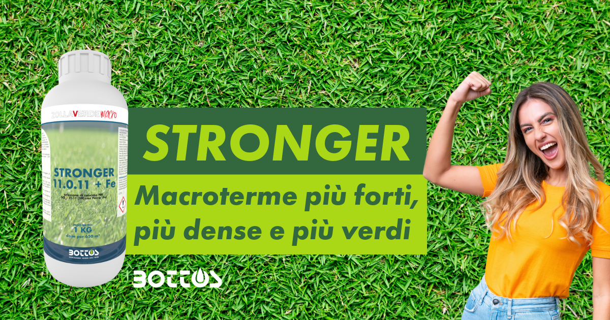 Prato macroterma verde e fitto trattato con fertilizzante liquido Stronger Bottos