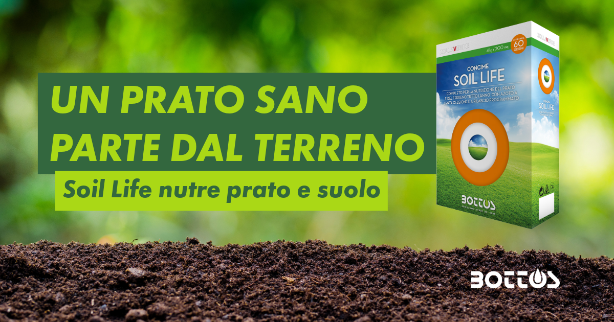 Terreno fertile e tappeto erboso verde trattato con Soil Life Bottos