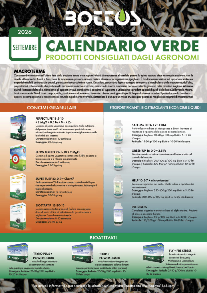 Calendario Verde Bottos di settembre con consigli per il prato